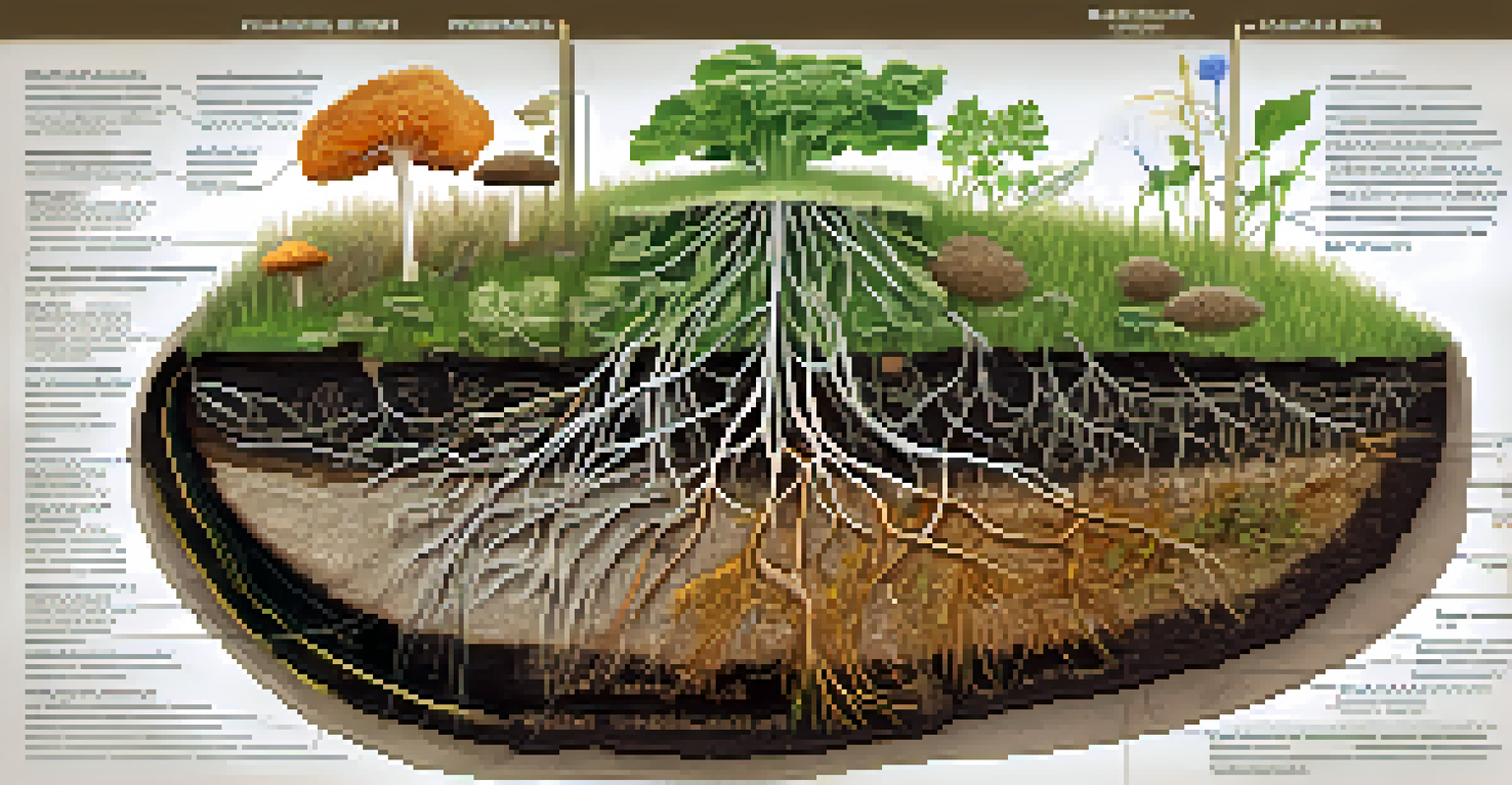 An educational illustration showing the interaction between mycorrhizal fungi and plant roots in soil, highlighting nutrient exchange.