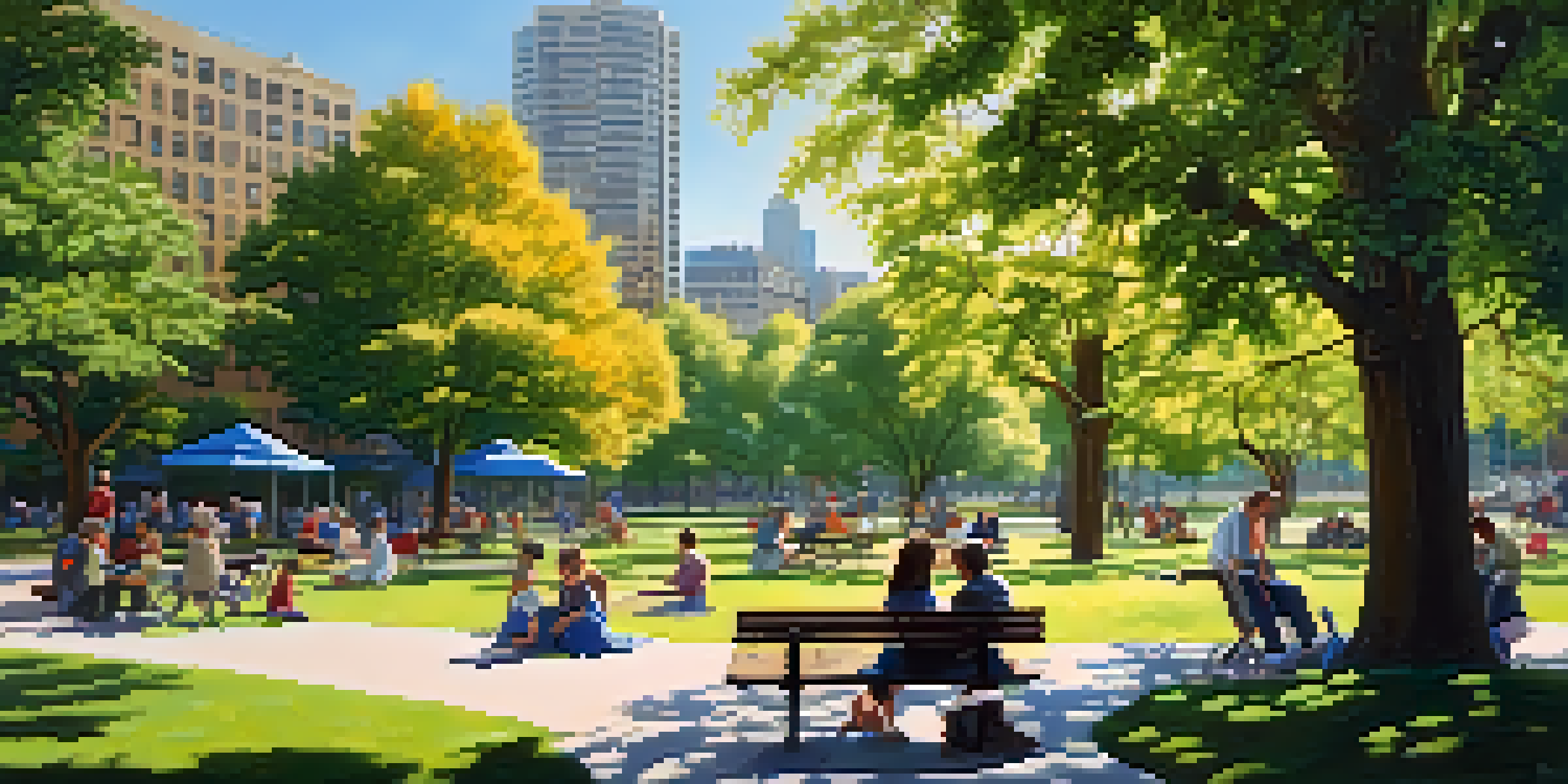 A busy urban park filled with people engaging in various activities among large, shady trees, with city buildings in the background.