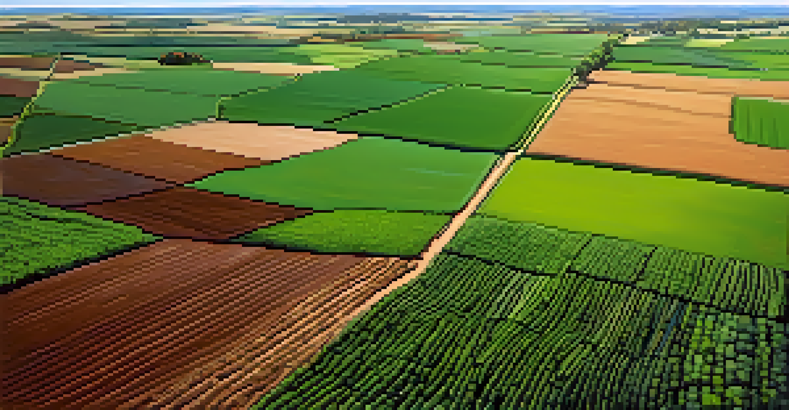 An aerial view of a farmer's field with green cover crops and rolling hills under a clear blue sky.