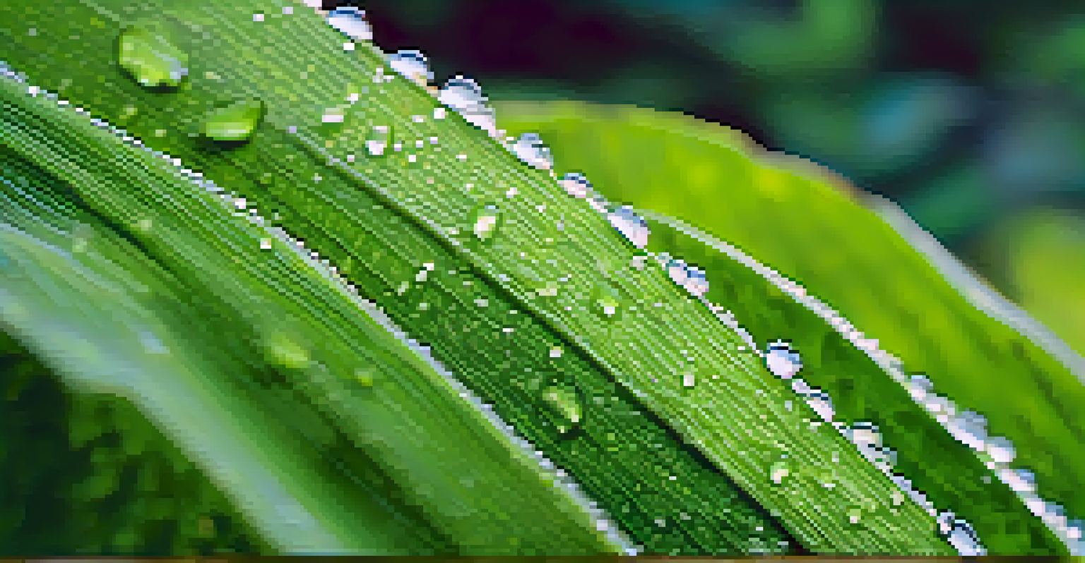 A close-up view of fresh green plantain leaves with water droplets, highlighting their ribbed texture, set against a soft blurred background of wildflowers.