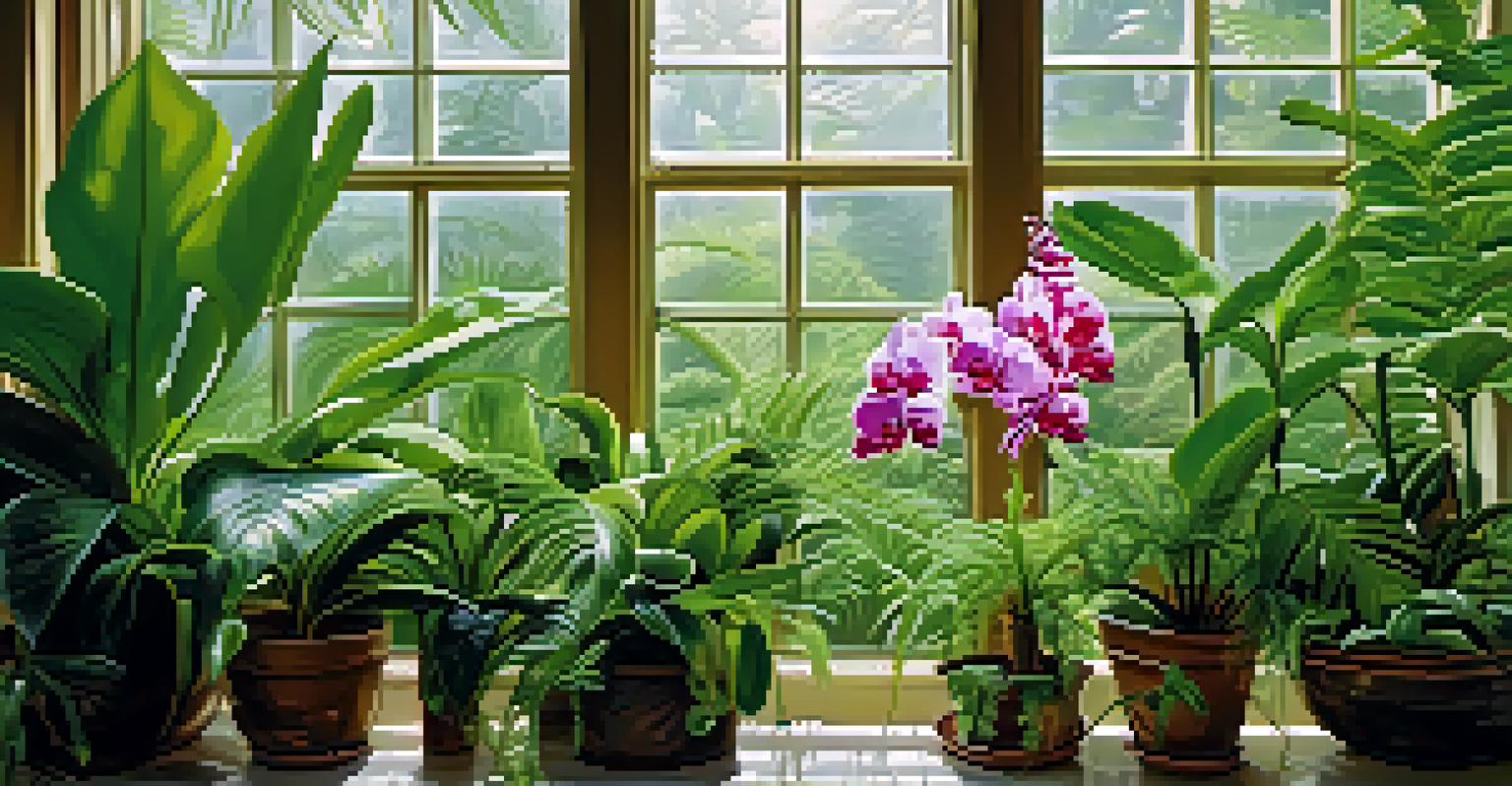 Close-up of tropical plants with green leaves and water droplets in a humid indoor setting.
