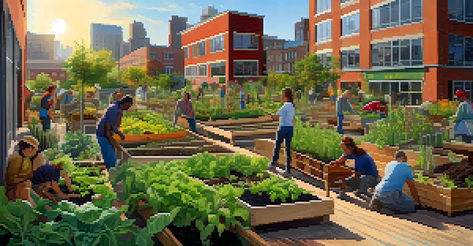 A community permaculture garden in an urban area with diverse individuals planting and collaborating among colorful plants and raised beds.