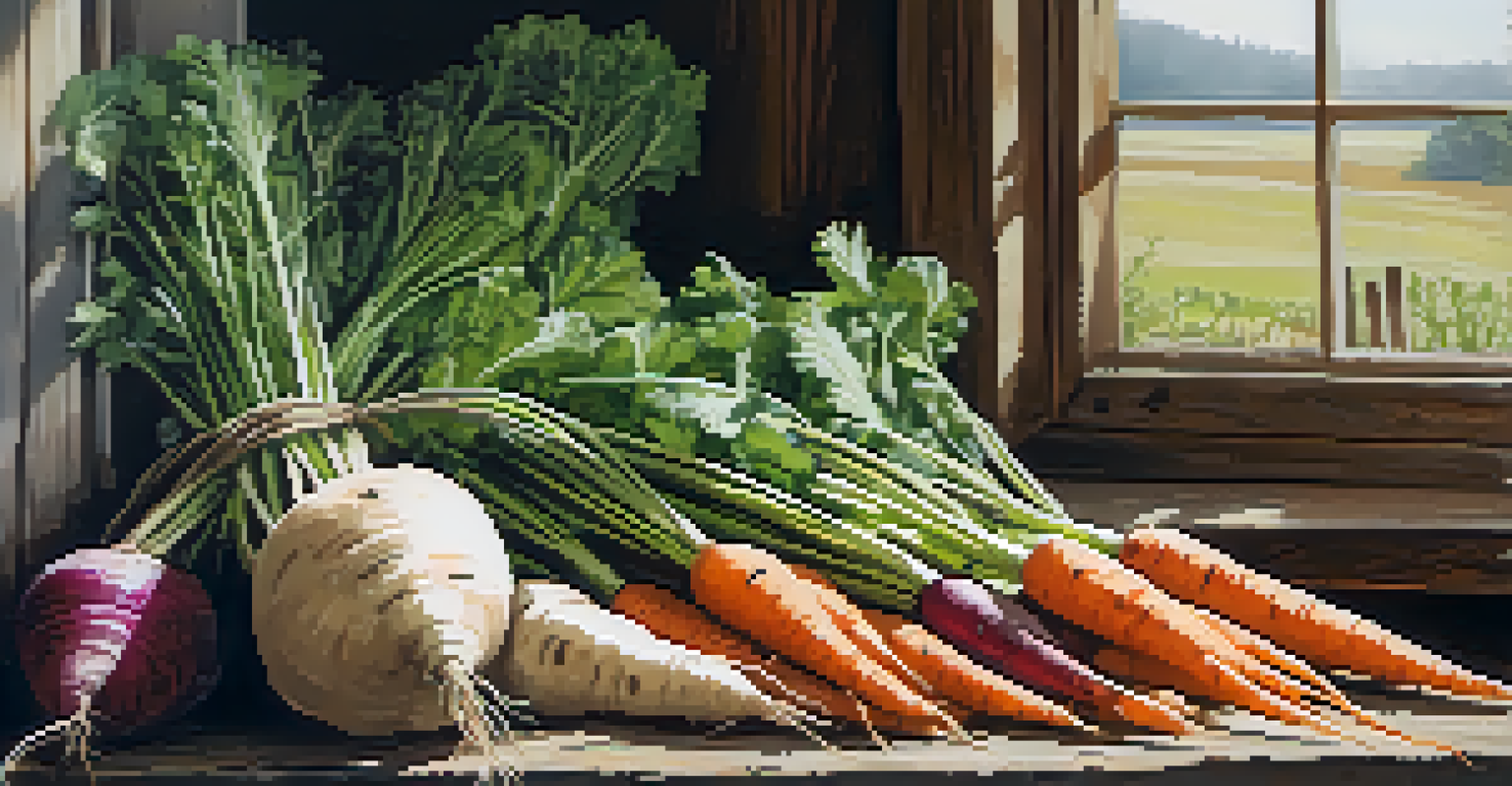 A close-up of freshly harvested root vegetables like carrots and turnips on a rustic wooden table, with soft natural light illuminating them.