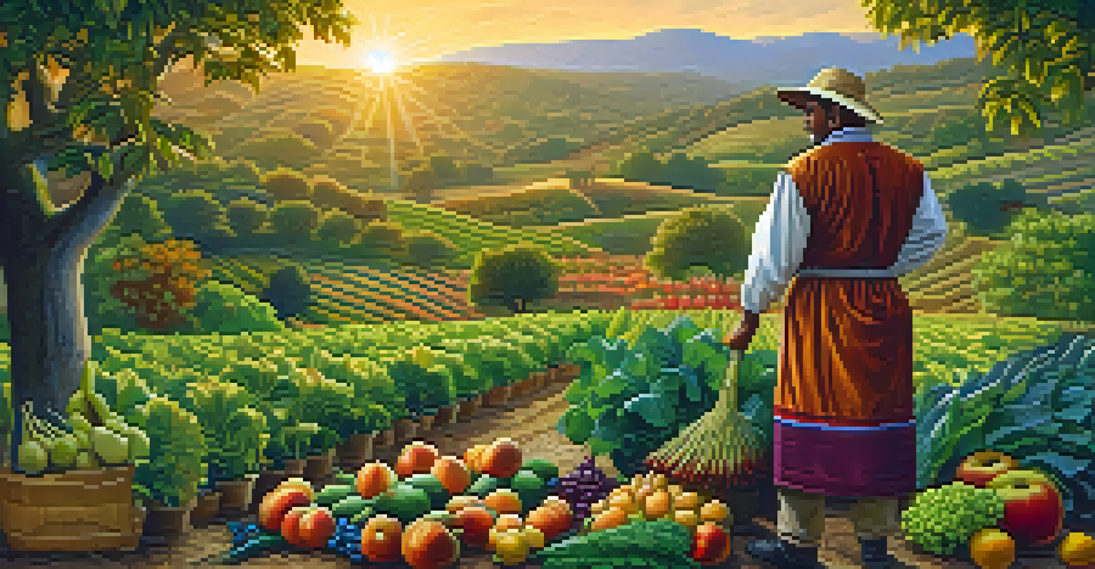 A farmer inspecting a diverse crop and fruit tree garden during sunset, showcasing colorful plants.