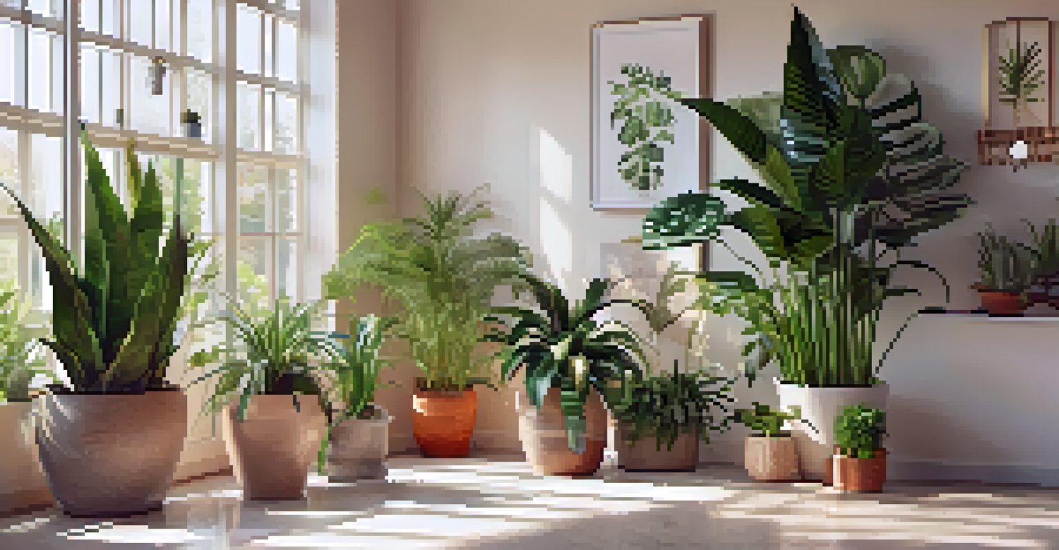 A garden scene with various indoor plants in pots against a light wall, bathed in sunlight.