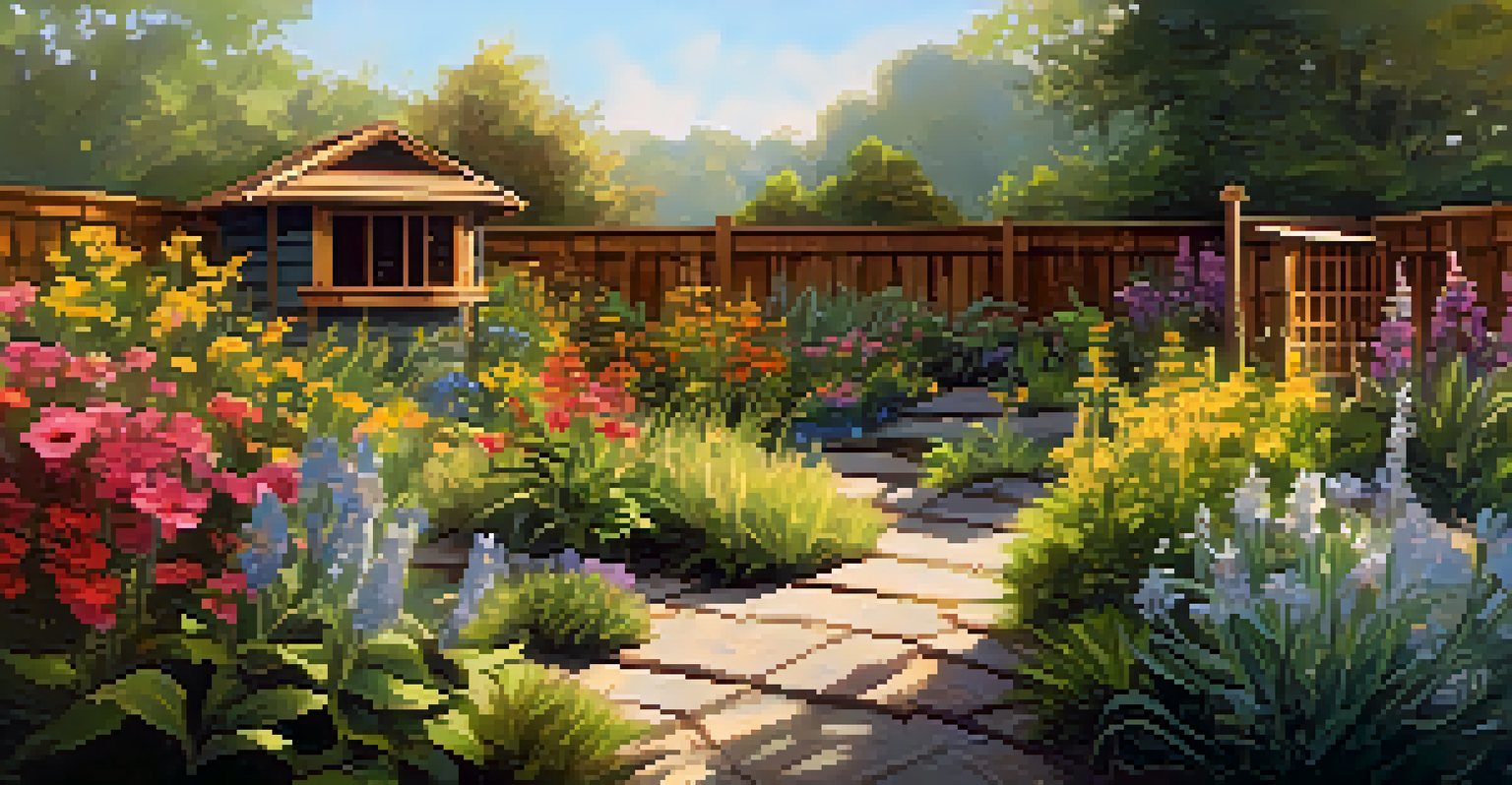 A peaceful garden corner with a birdhouse and bee hotel surrounded by colorful flowering plants in soft sunlight.