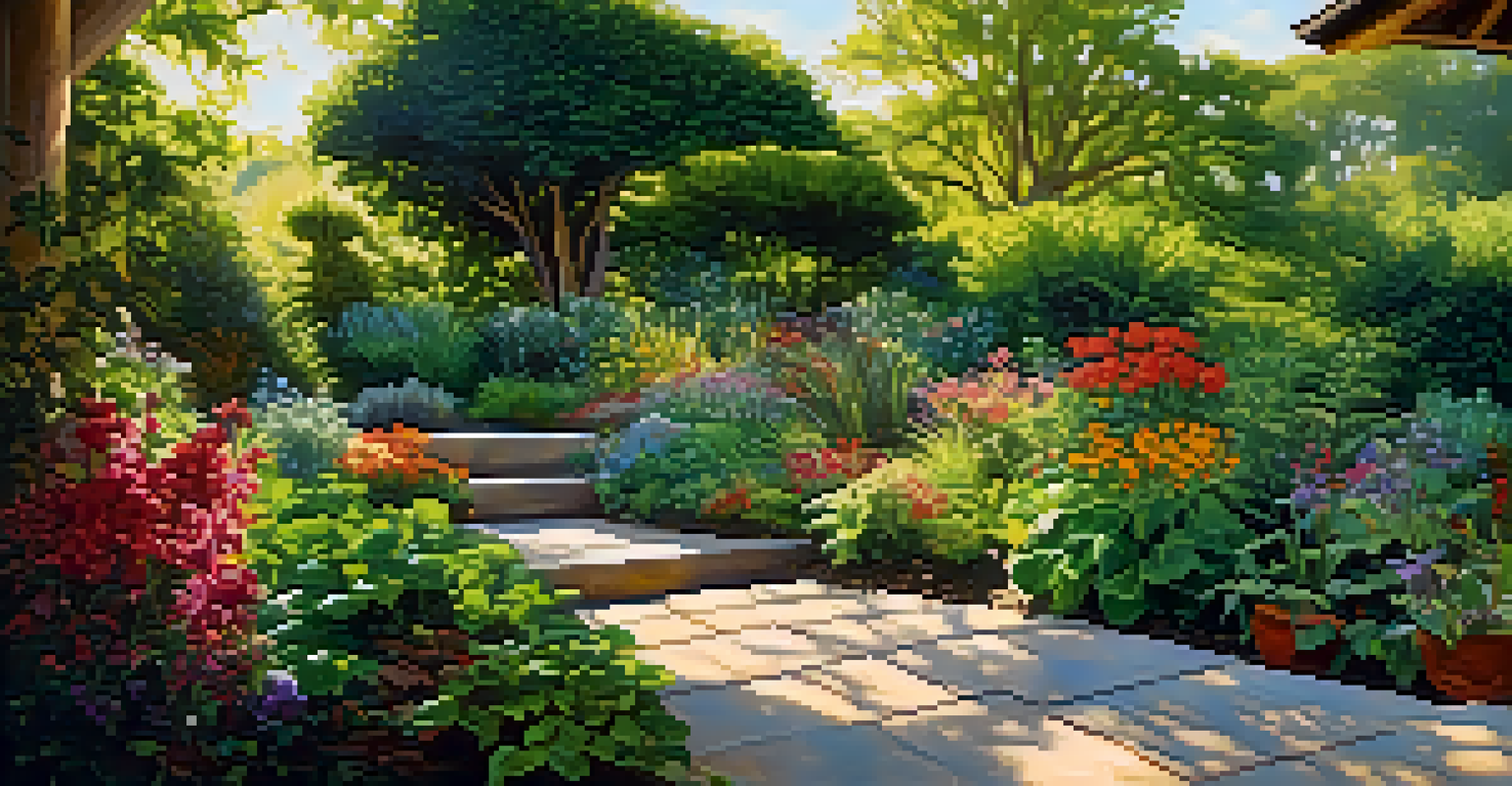 A vibrant garden filled with various plants and herbs used in beauty products, with sunlight creating a dappled light effect.