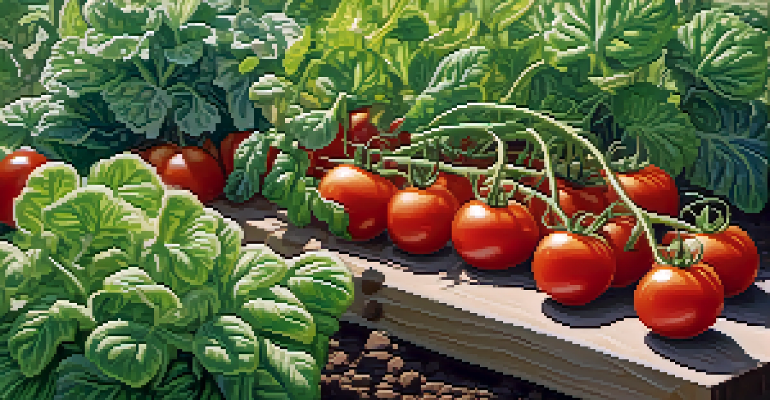 A detailed close-up of a vegetable patch with ripe tomatoes and leafy greens, set against a blurred urban backdrop, illuminated by soft sunlight.
