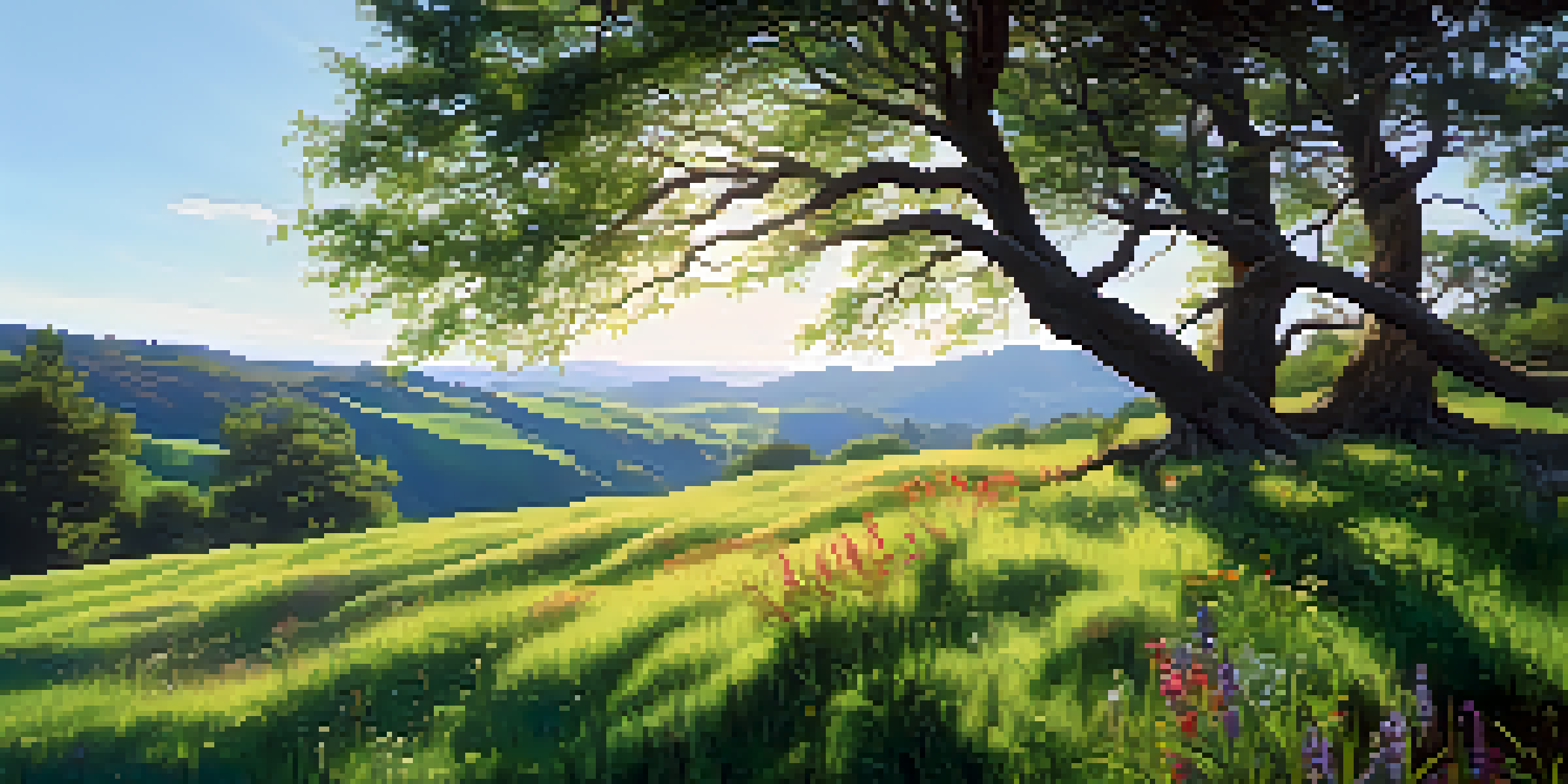 A vibrant meadow with various plants and flowers under sunlight, highlighting the deep-rooted grasses and healthy soil.