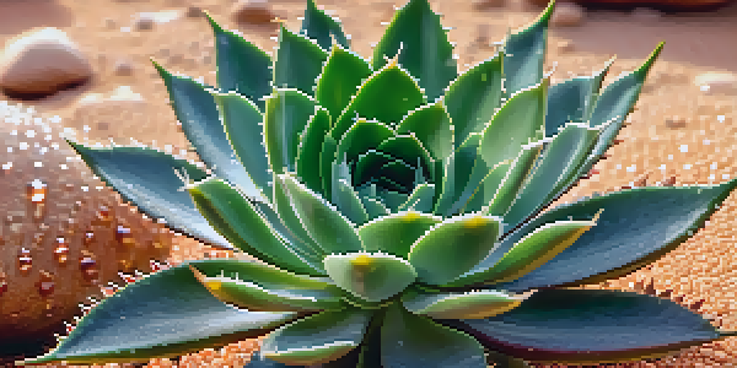 A close-up of an aloe vera plant with thick leaves and water droplets, set against a blurred desert background.
