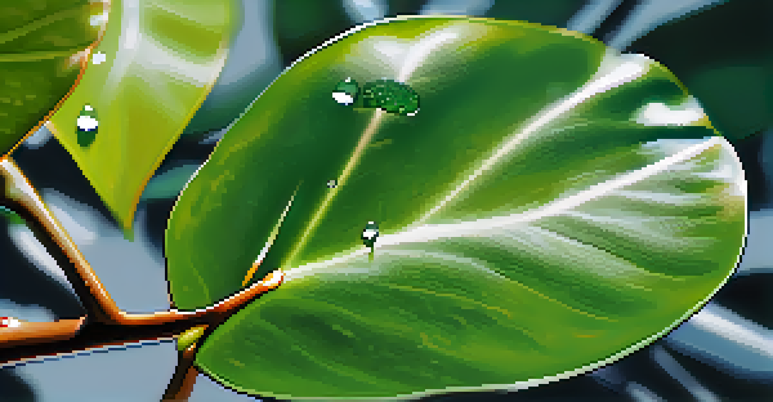 Close-up of a mangrove leaf with a thick, waxy texture and water droplets reflecting light.