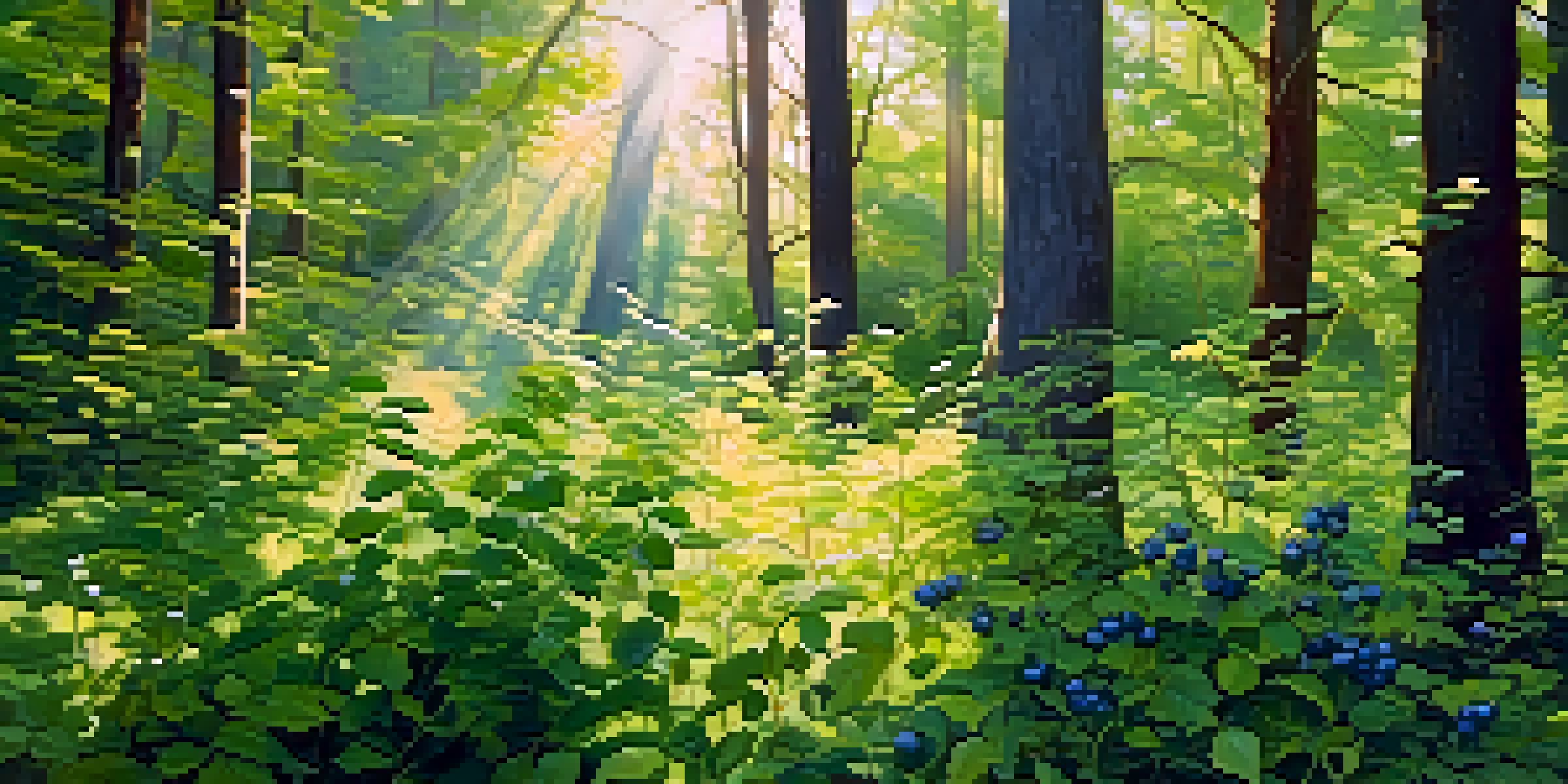 A tranquil forest with wild plants, including blueberries and herbs, illuminated by soft morning light.