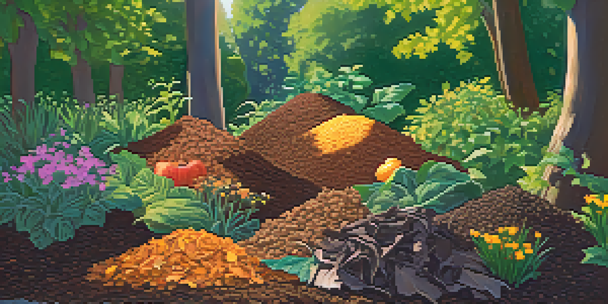 A colorful garden scene with a compost pile made of vegetable scraps and dried leaves, surrounded by blooming flowers and green plants.