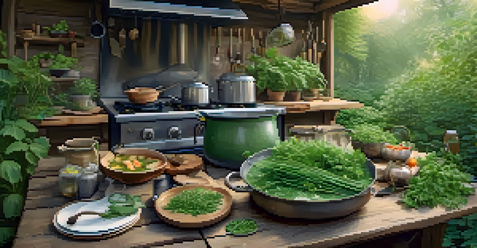 An outdoor kitchen scene with a wooden table filled with foraged plants and a pot of soup, surrounded by a vibrant garden.