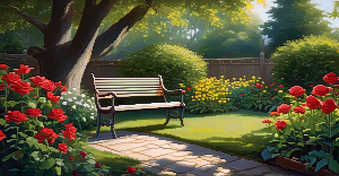 A picturesque garden filled with colorful flowers, sunlight shining through the leaves, and a wooden bench beneath a tree.