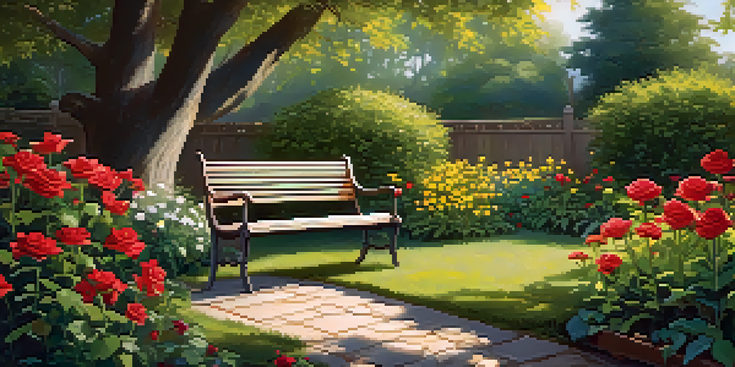 A picturesque garden filled with colorful flowers, sunlight shining through the leaves, and a wooden bench beneath a tree.