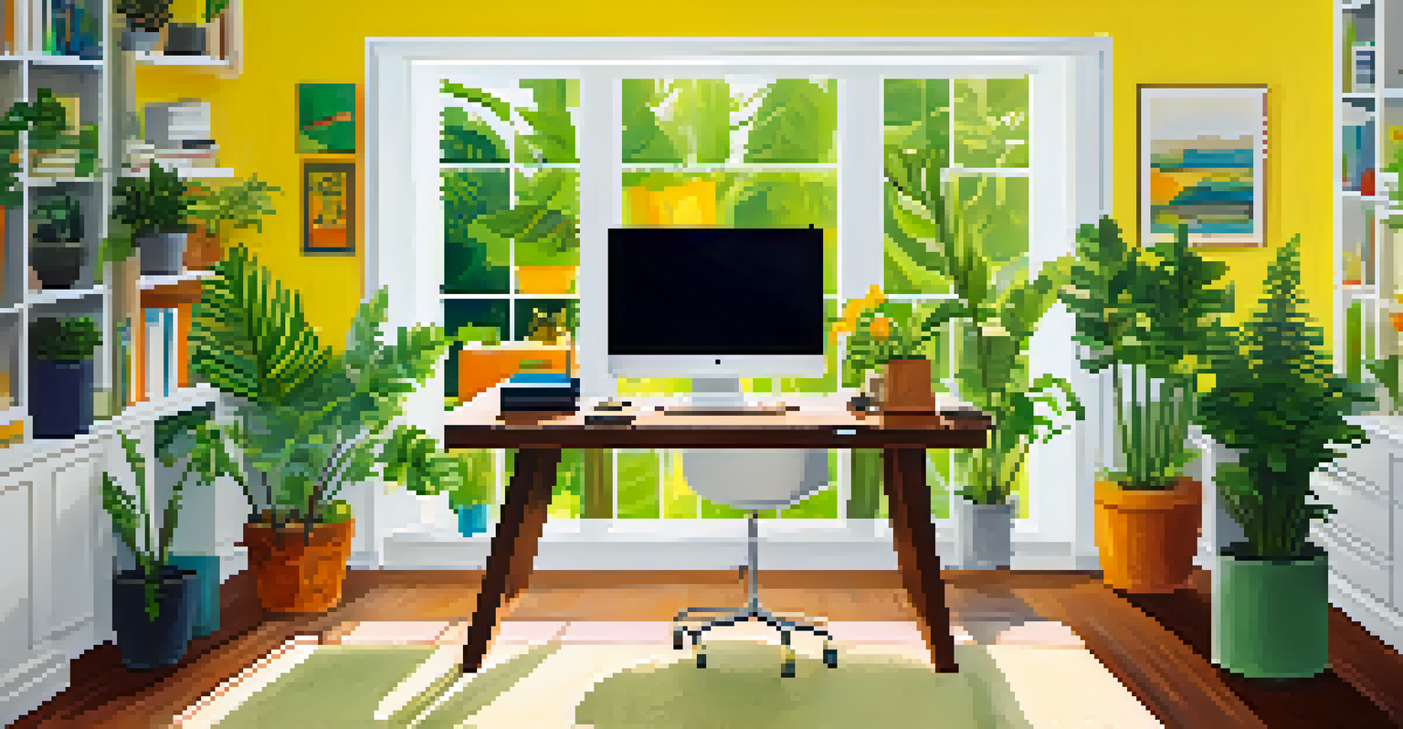 A vibrant home office with a desk decorated with colorful plants, including a yellow flowering plant and fern, bathed in sunlight.