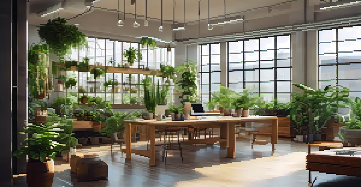 A bright workspace with large windows, indoor plants, and natural wood furniture, filled with sunlight.