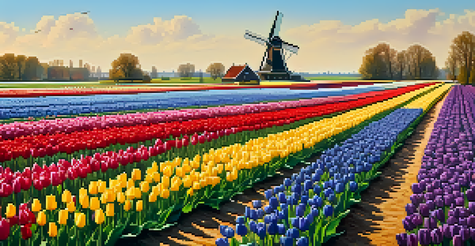 A field filled with vibrant tulips in various colors, with a traditional Dutch windmill in the background and a bright blue sky above.