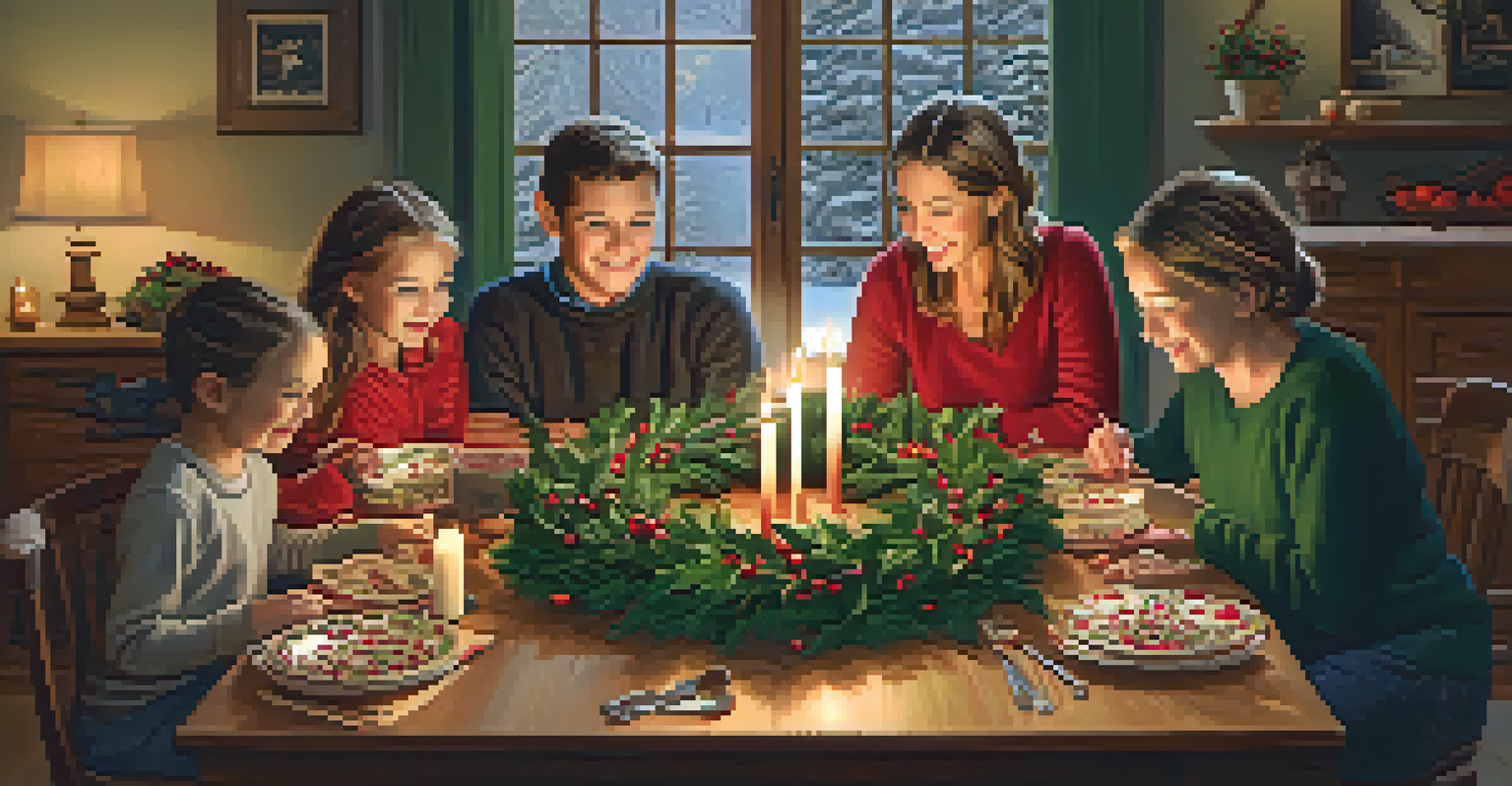 A family happily crafting holly wreaths around a table filled with holly branches and decorations in a warm setting.