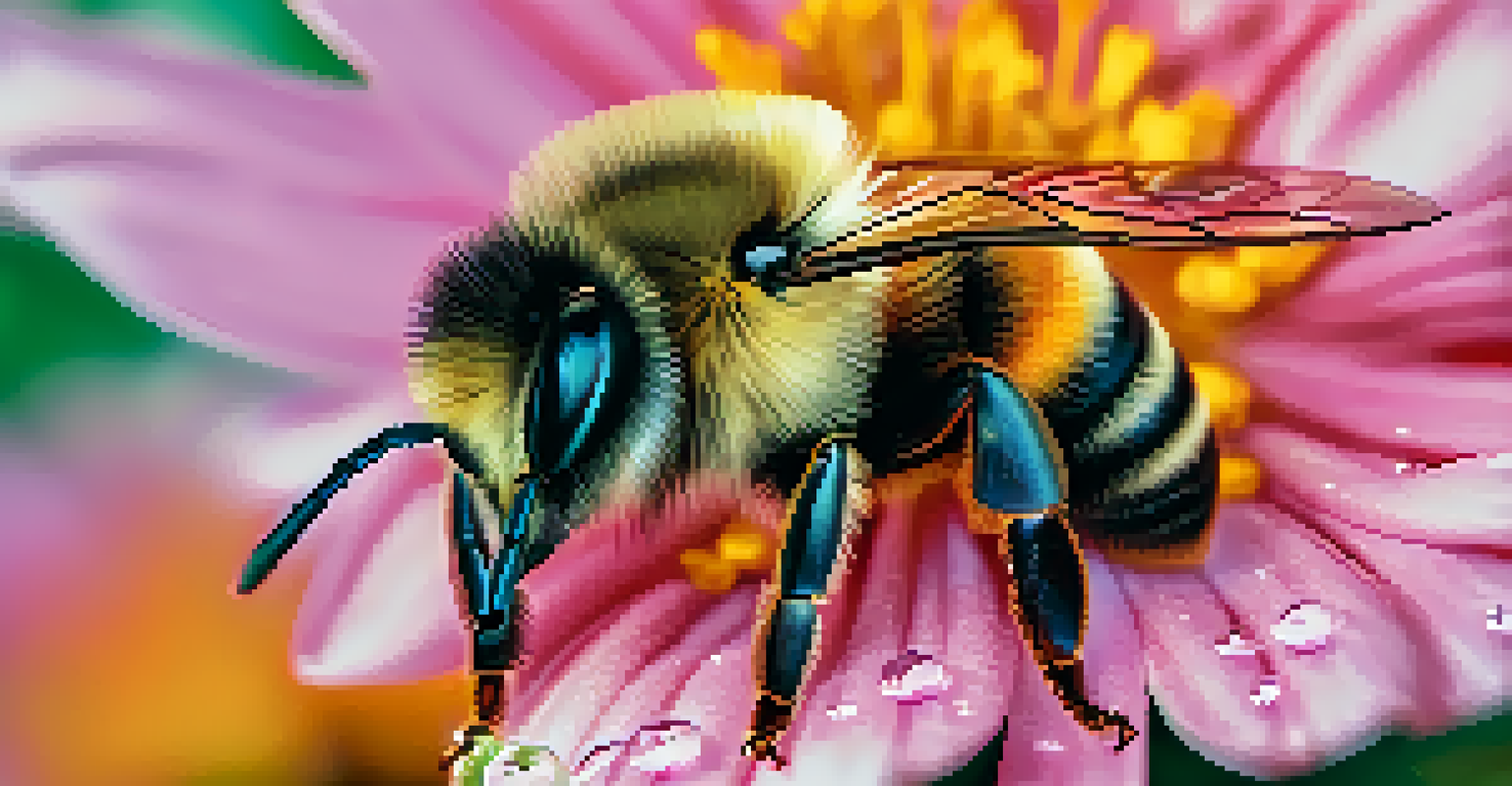 A close-up of a bee on a colorful flower, with soft background focus and dew on the petals.