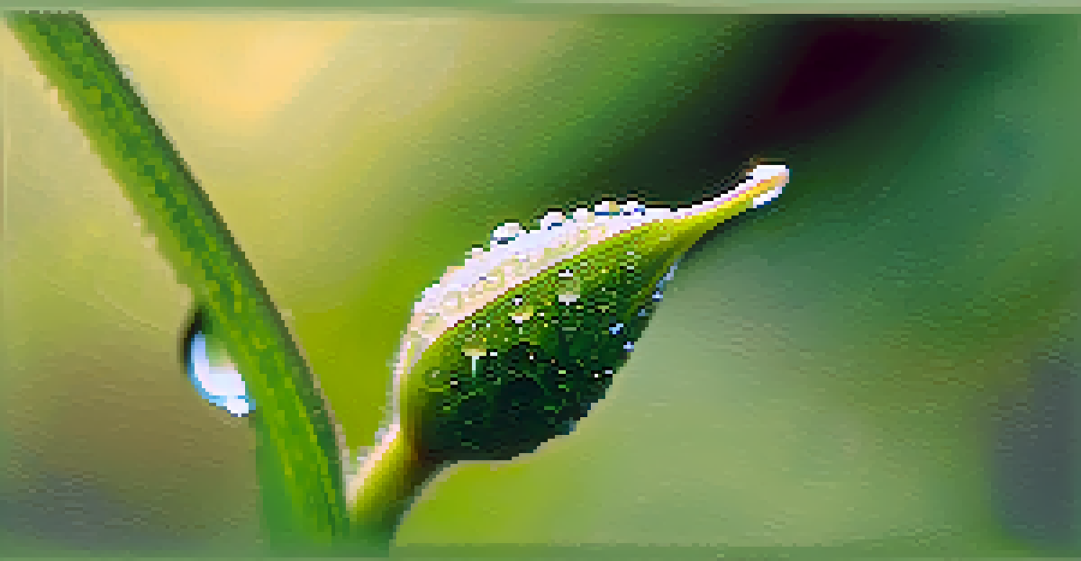 A macro shot of a flower bud with green sepals and dew drops, set against a soft-focus background of greens and yellows.