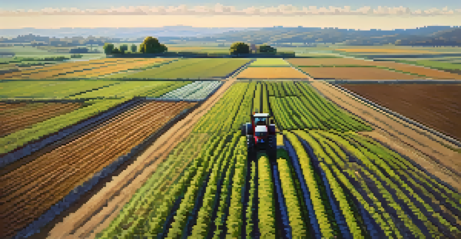 Aerial view of a farm with different colored crop sections demonstrating effective crop rotation.