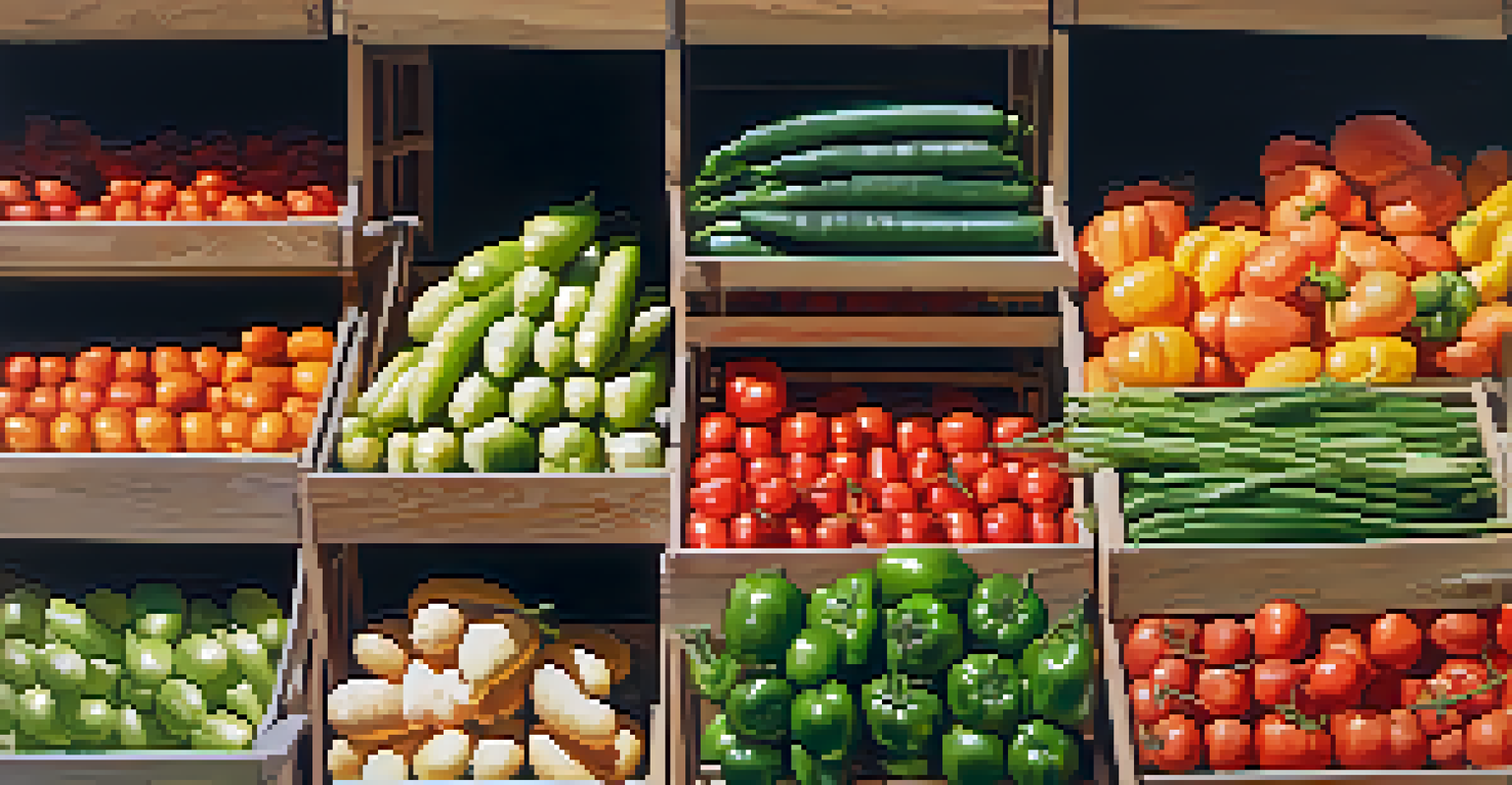 A vibrant farmer's market showcasing a variety of fresh cultivated vegetables and fruits in wooden crates.