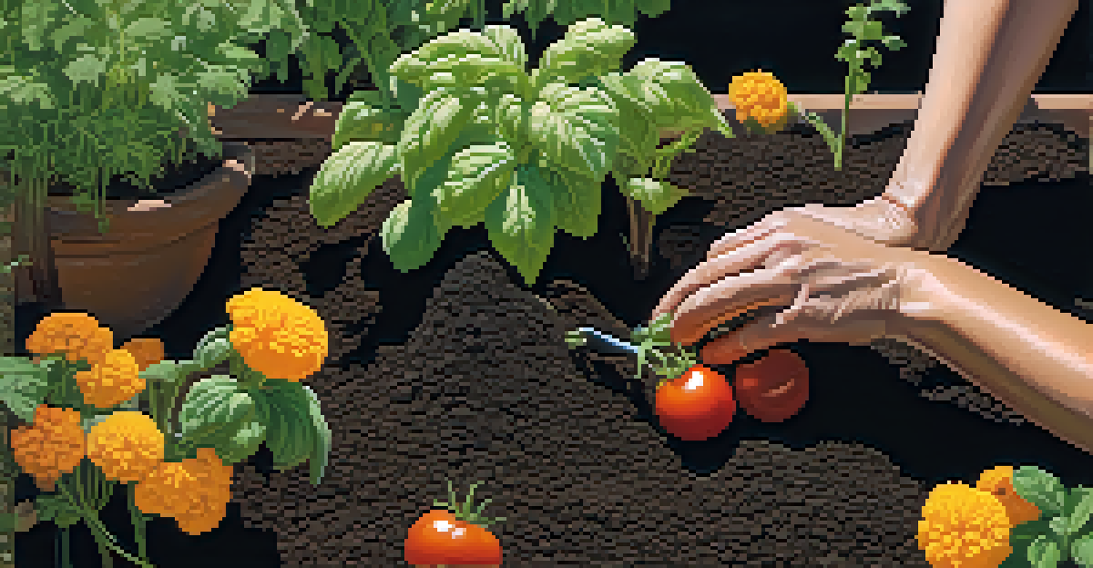 A close-up of a gardener's hands planting tomatoes next to basil and marigolds in rich soil.