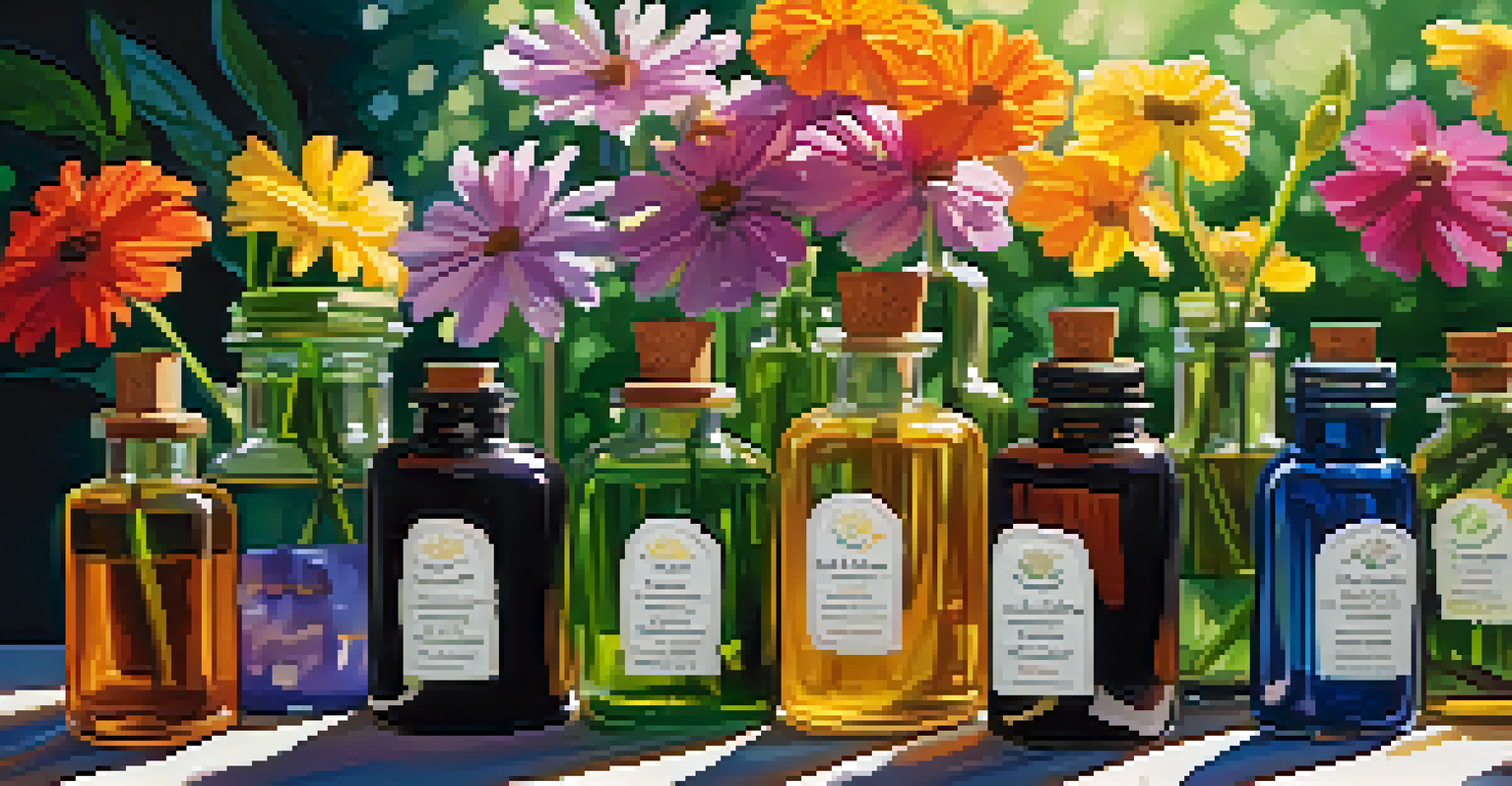 An artistic display of dark glass essential oil bottles surrounded by colorful flowers and greenery, with sunlight in the background.