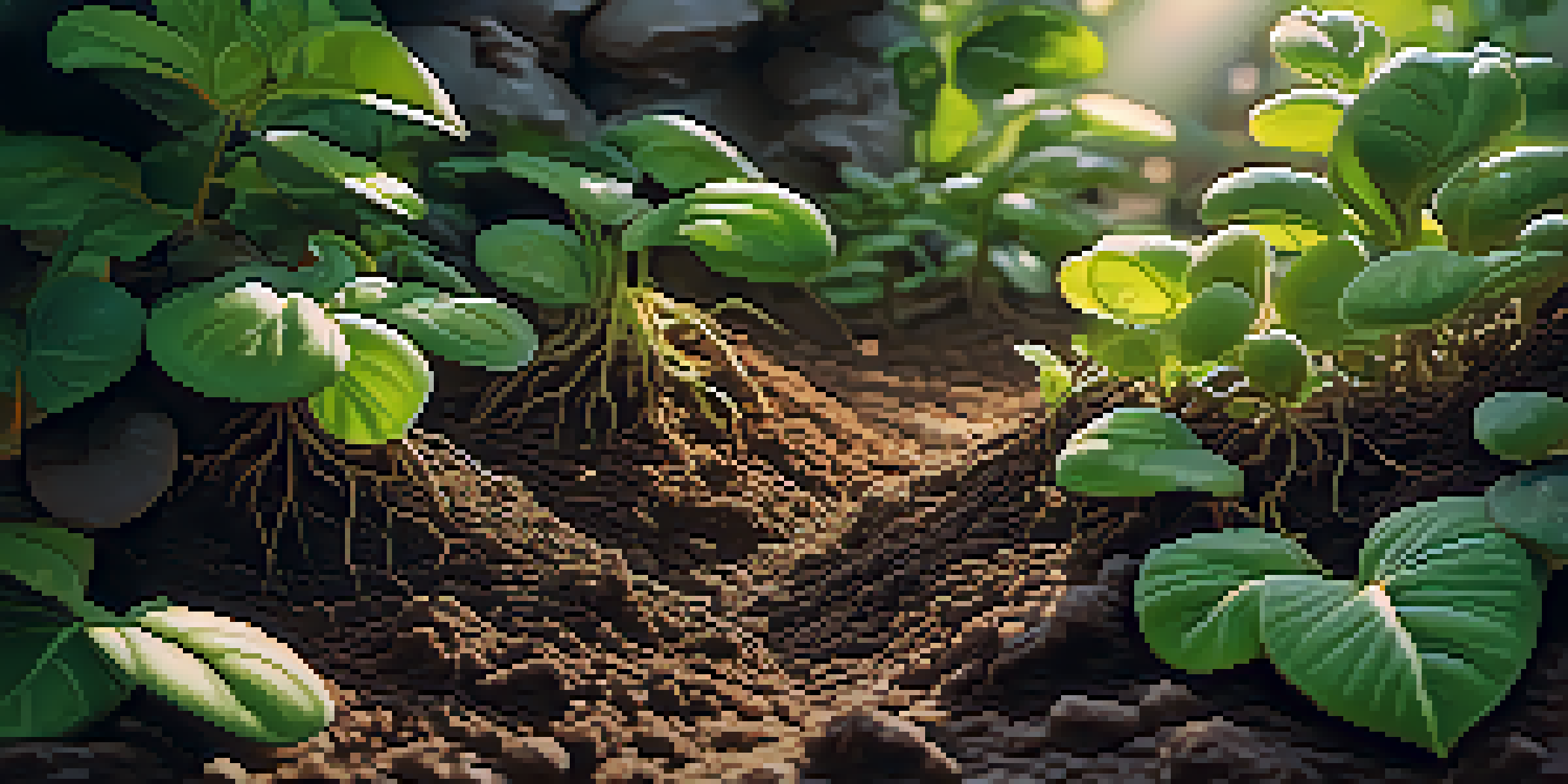 A close-up view of healthy soil with rich organic matter and green plant roots under dappled sunlight.