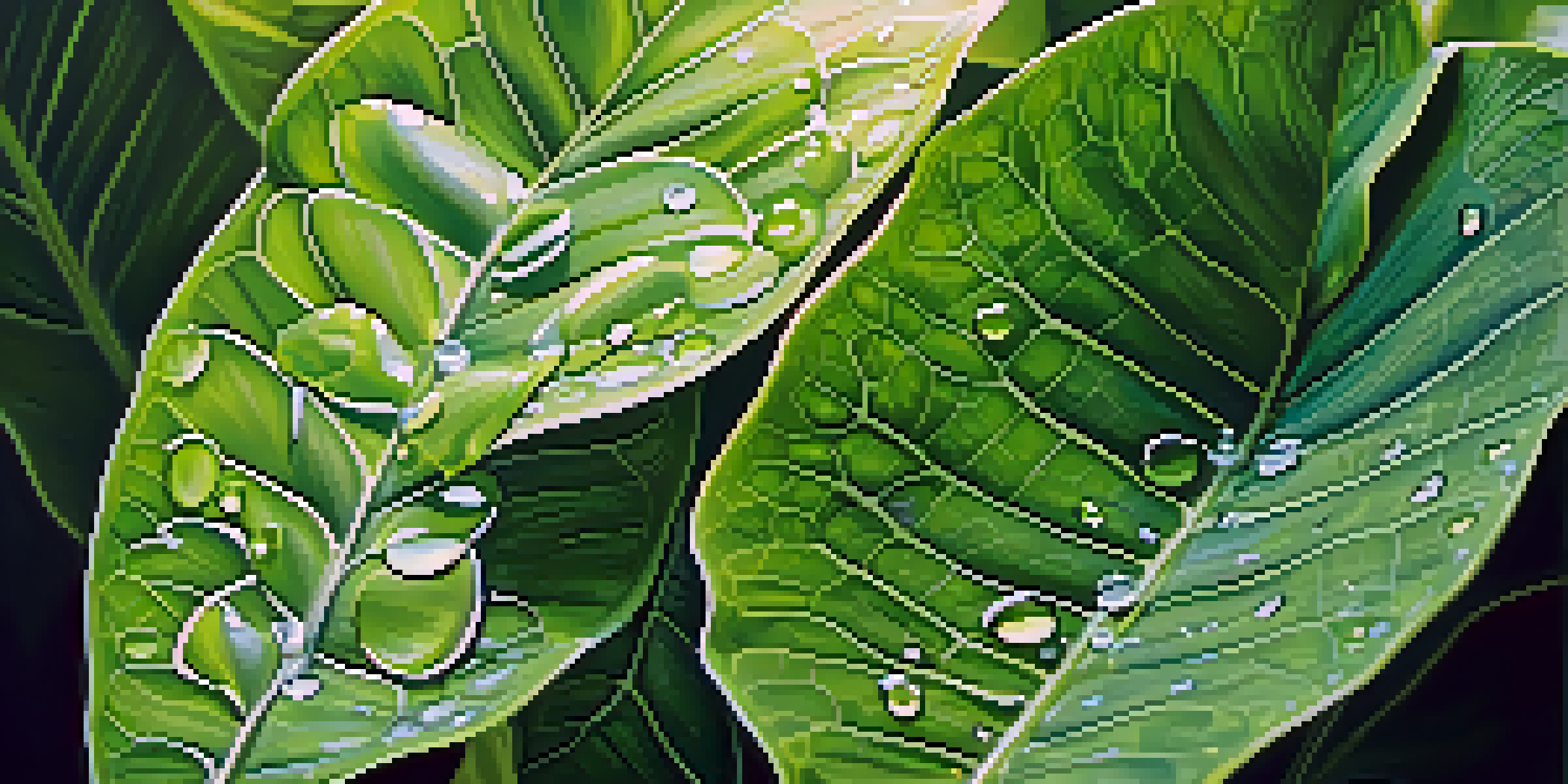 A close-up image of green plant leaves with visible veins and dewdrops, illuminated by sunlight.