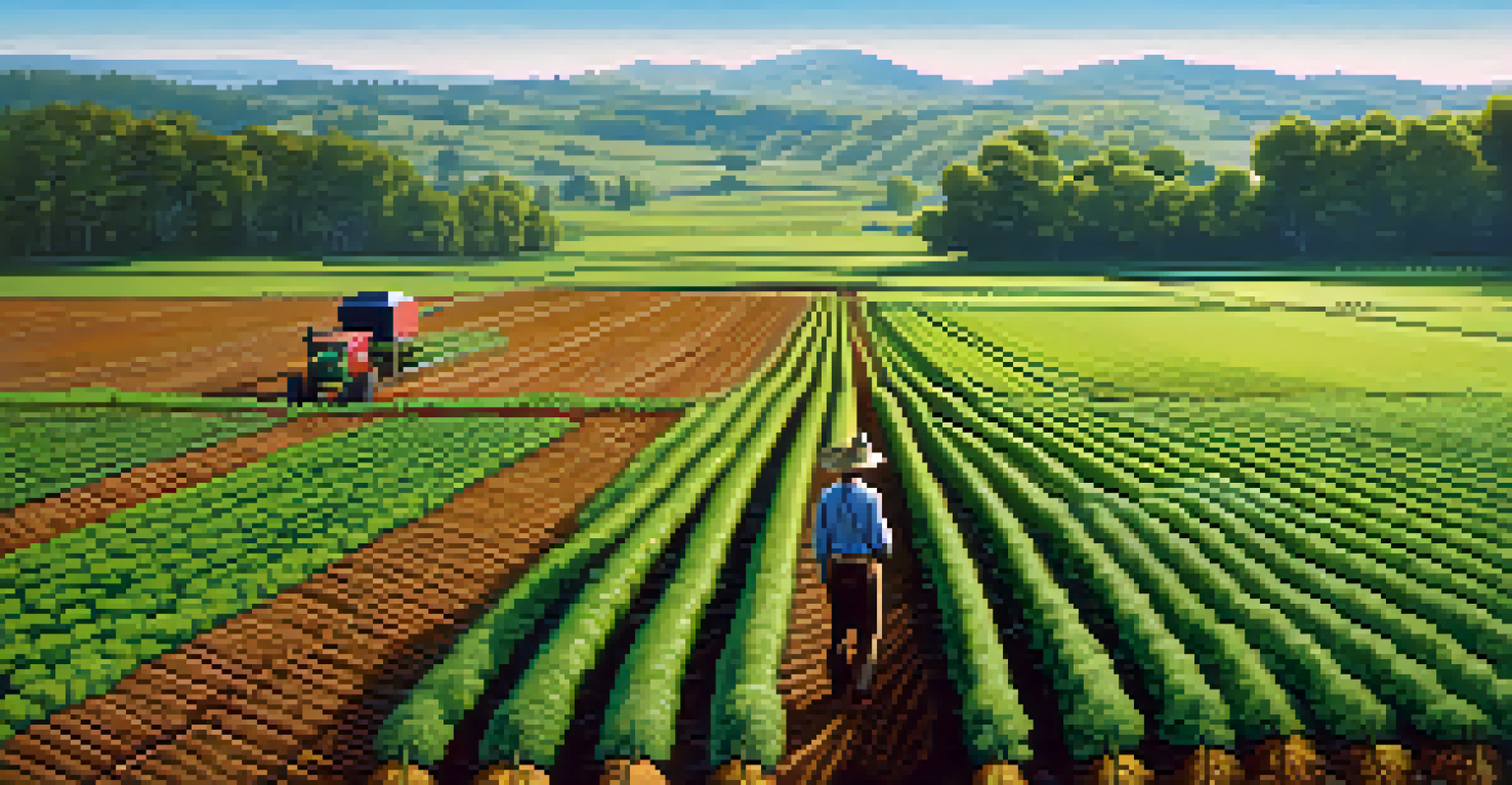 A picturesque agricultural scene with green crops in rows under a blue sky, a farmer observing the plants, and hills in the background, representing healthy soil with mycorrhizal fungi.