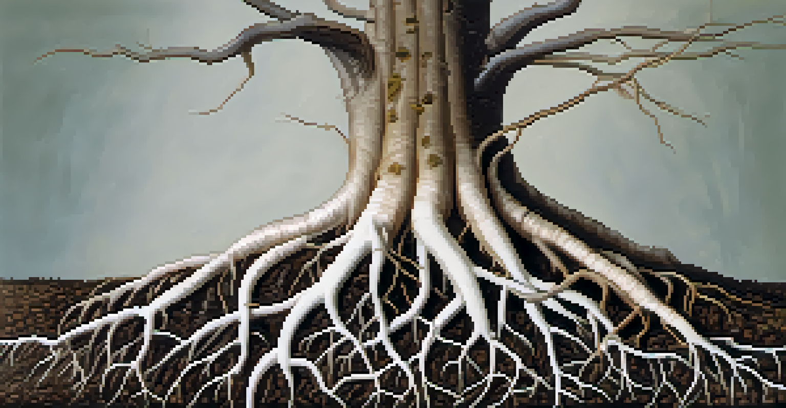 A close-up view of plant roots, showing healthy white roots alongside some brown, mushy roots, highlighted by soft lighting.