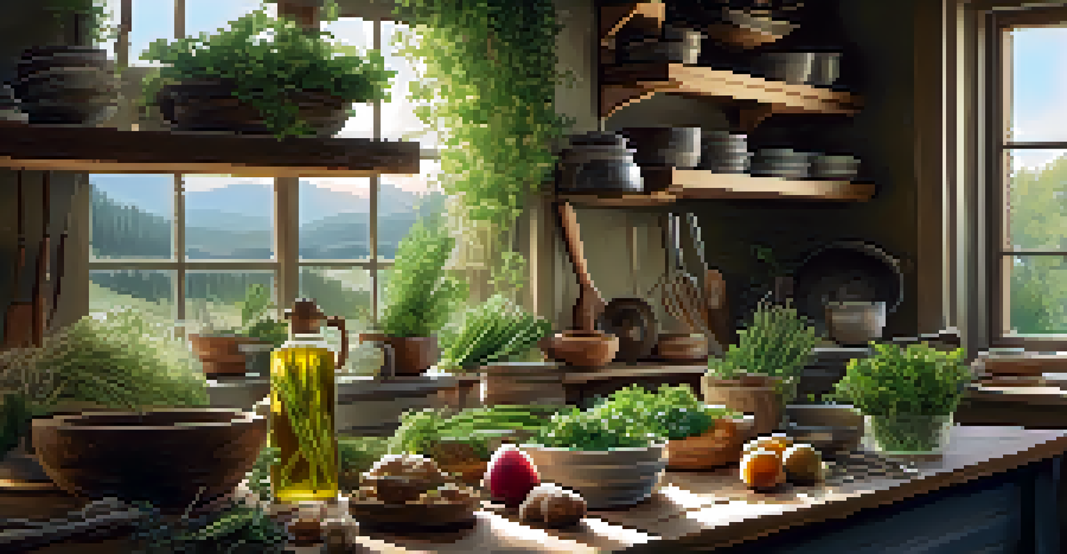 A chef in a cozy kitchen preparing a meal with foraged wild greens and herbs, surrounded by rustic utensils and warm light.