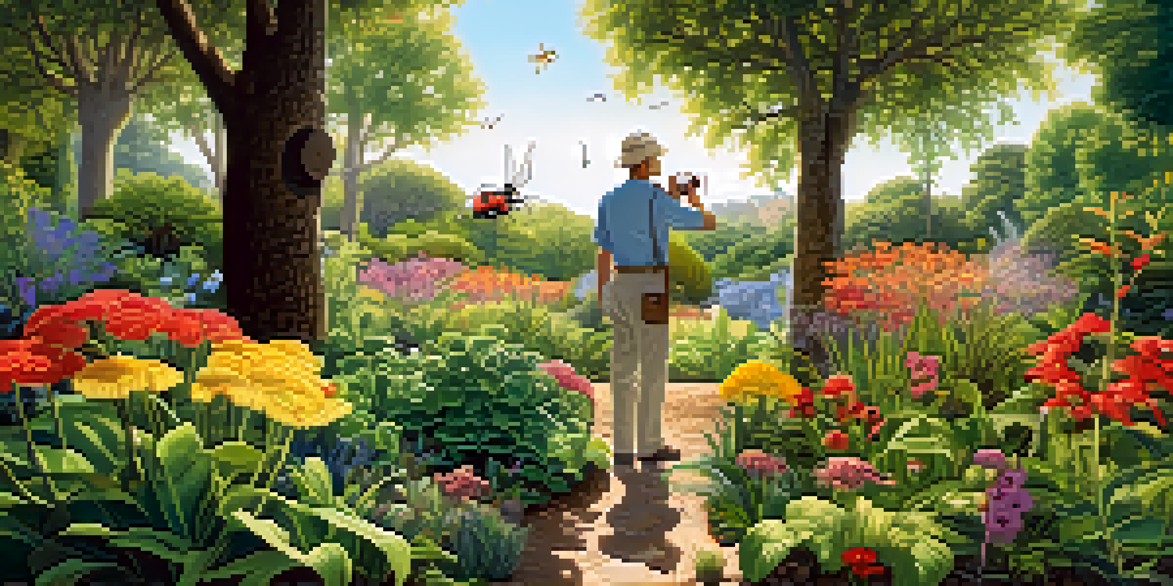 A gardener examining plants in a vibrant garden filled with flowers and beneficial insects, illuminated by soft sunlight.