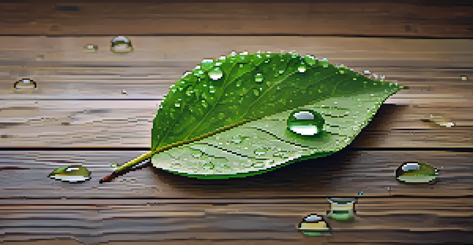A close-up of a green leaf with dew drops on a wooden table, illuminated by soft light.