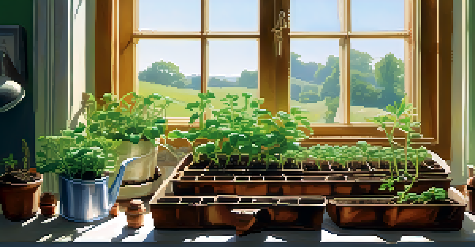 An indoor planting setup with seed trays and seedlings by a sunny window, featuring a watering can and spray bottle.