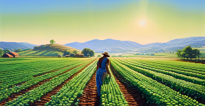 A lush green field with rows of crops under a bright blue sky, featuring a farmer caring for the plants.