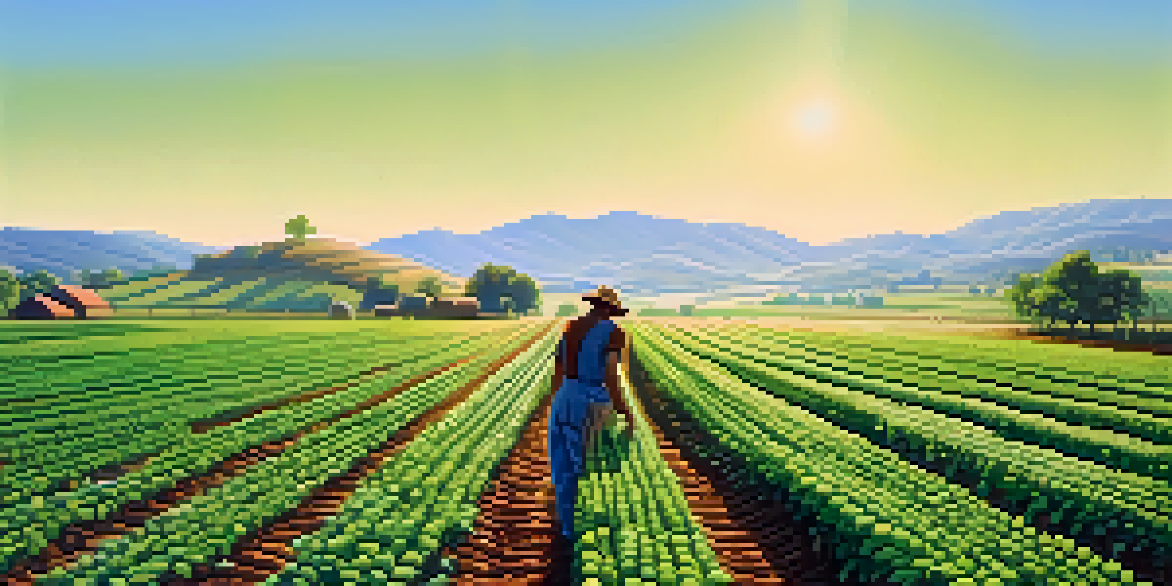 A lush green field with rows of crops under a bright blue sky, featuring a farmer caring for the plants.
