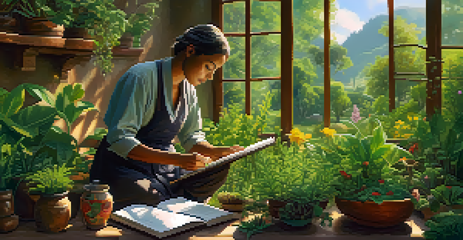 An ethnobotanist studying plants in a colorful garden with a traditional hut in the background.