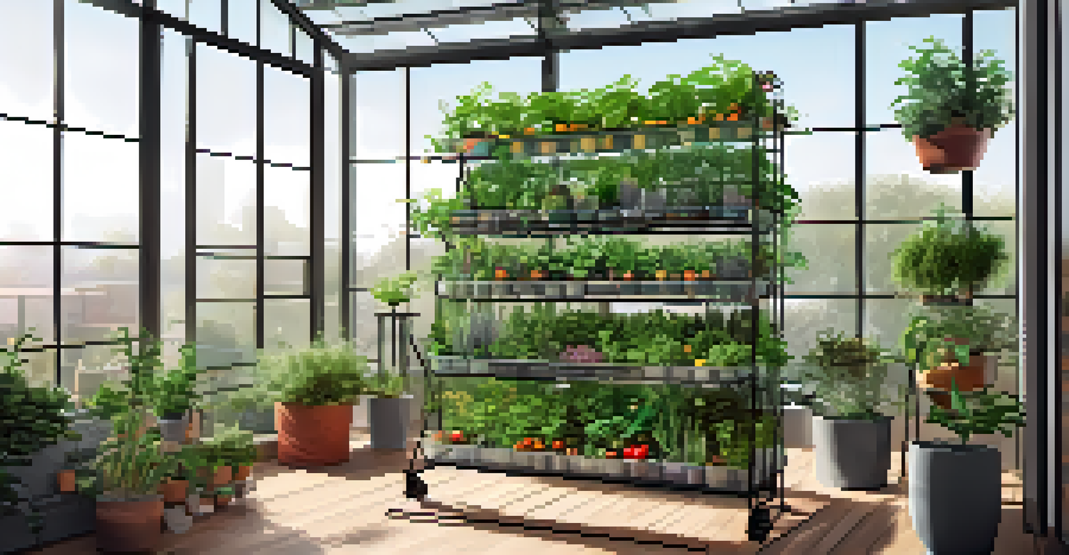A vertical gardening setup in a greenhouse with a mobile plant stand holding various potted plants at different heights under soft natural light.