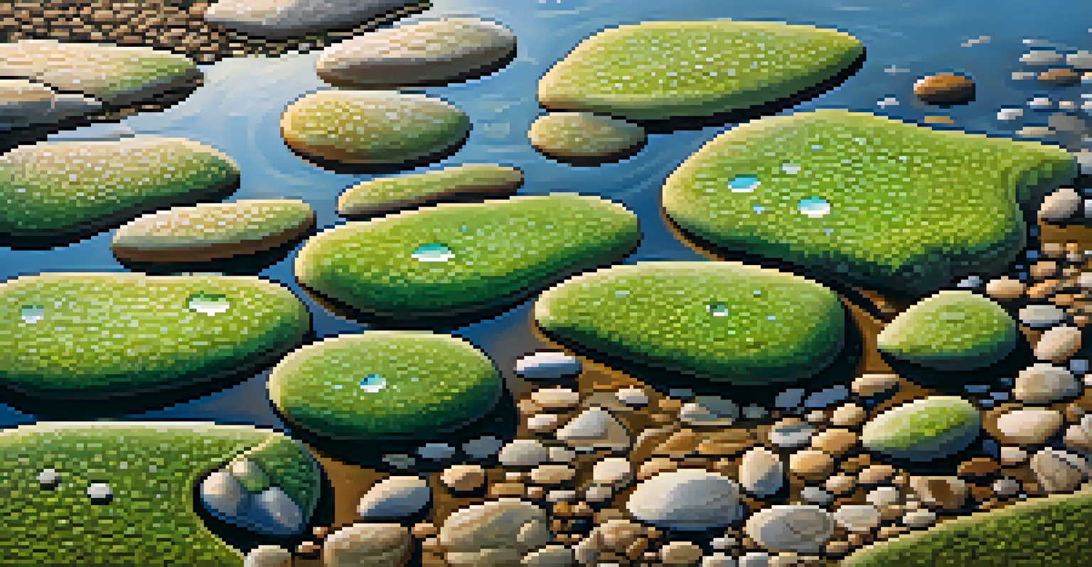A close-up view of algae on a rock surface, showcasing rich textures and colors under warm sunlight.