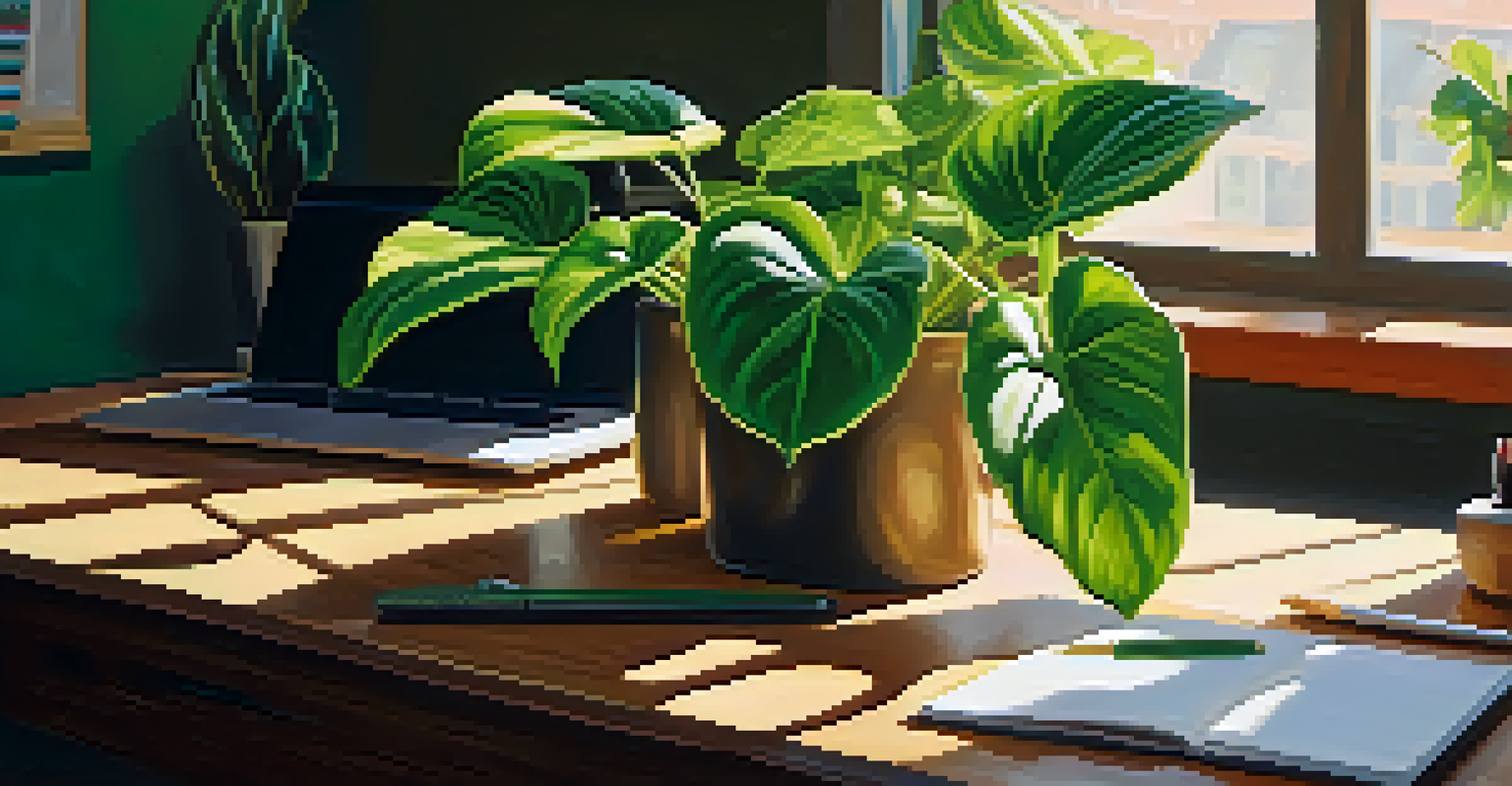 A close-up of a desk with a pothos plant and office supplies, illuminated by natural sunlight.