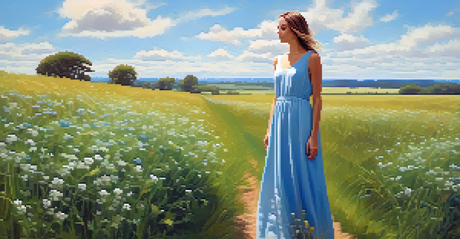 A woman in a flowing organic linen dress standing among blooming flax flowers under a bright blue sky.