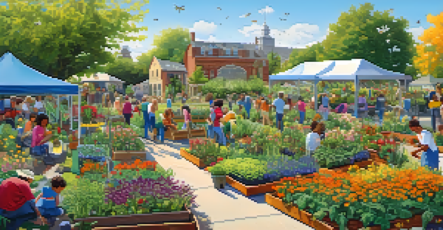 A community garden filled with people planting and tending to flowers and vegetables under a clear blue sky, surrounded by vibrant plants.