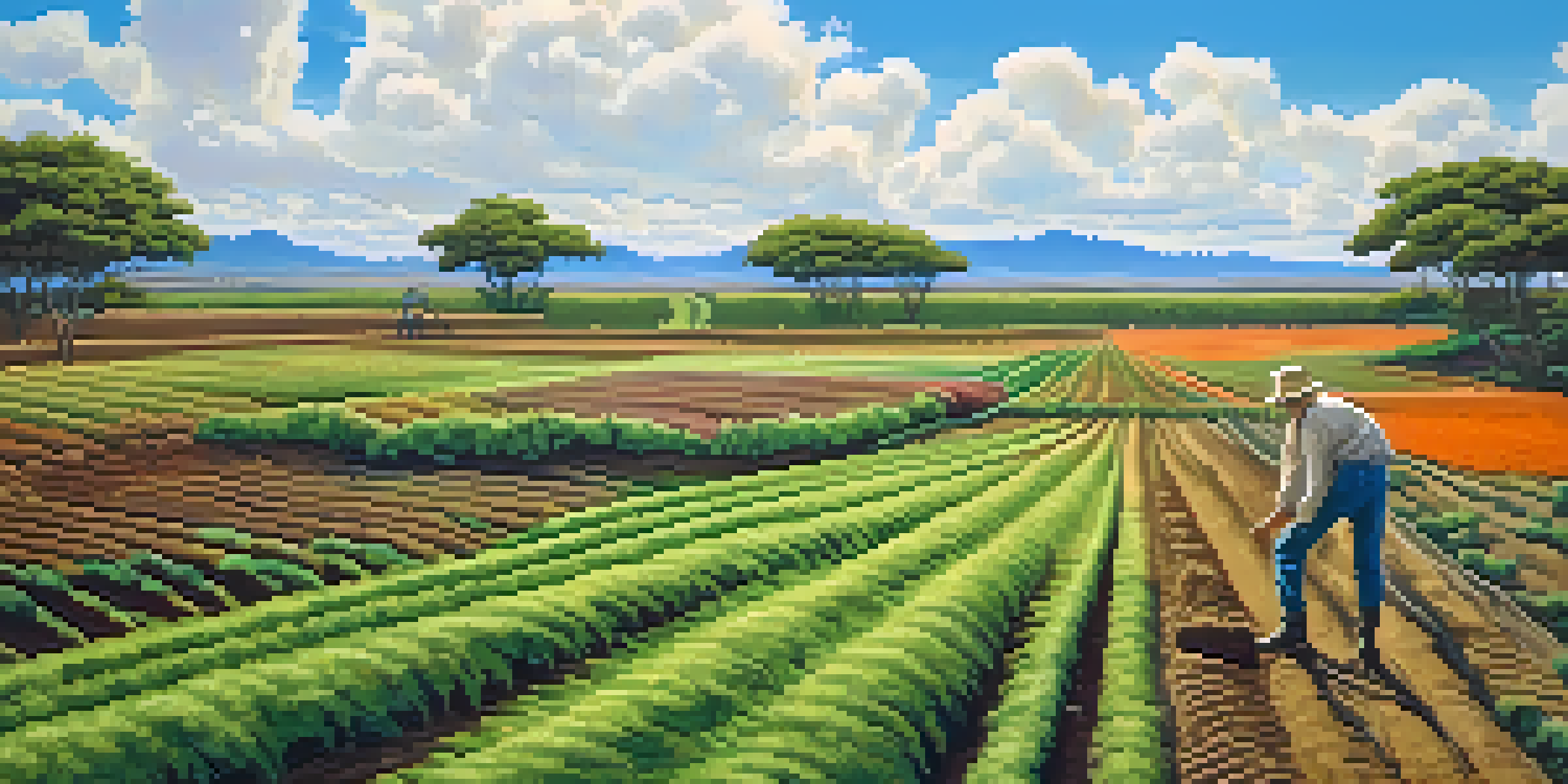 A farmer inspects a field with lush green crops and healthy soil, showcasing diverse plants and soil texture under a bright blue sky.
