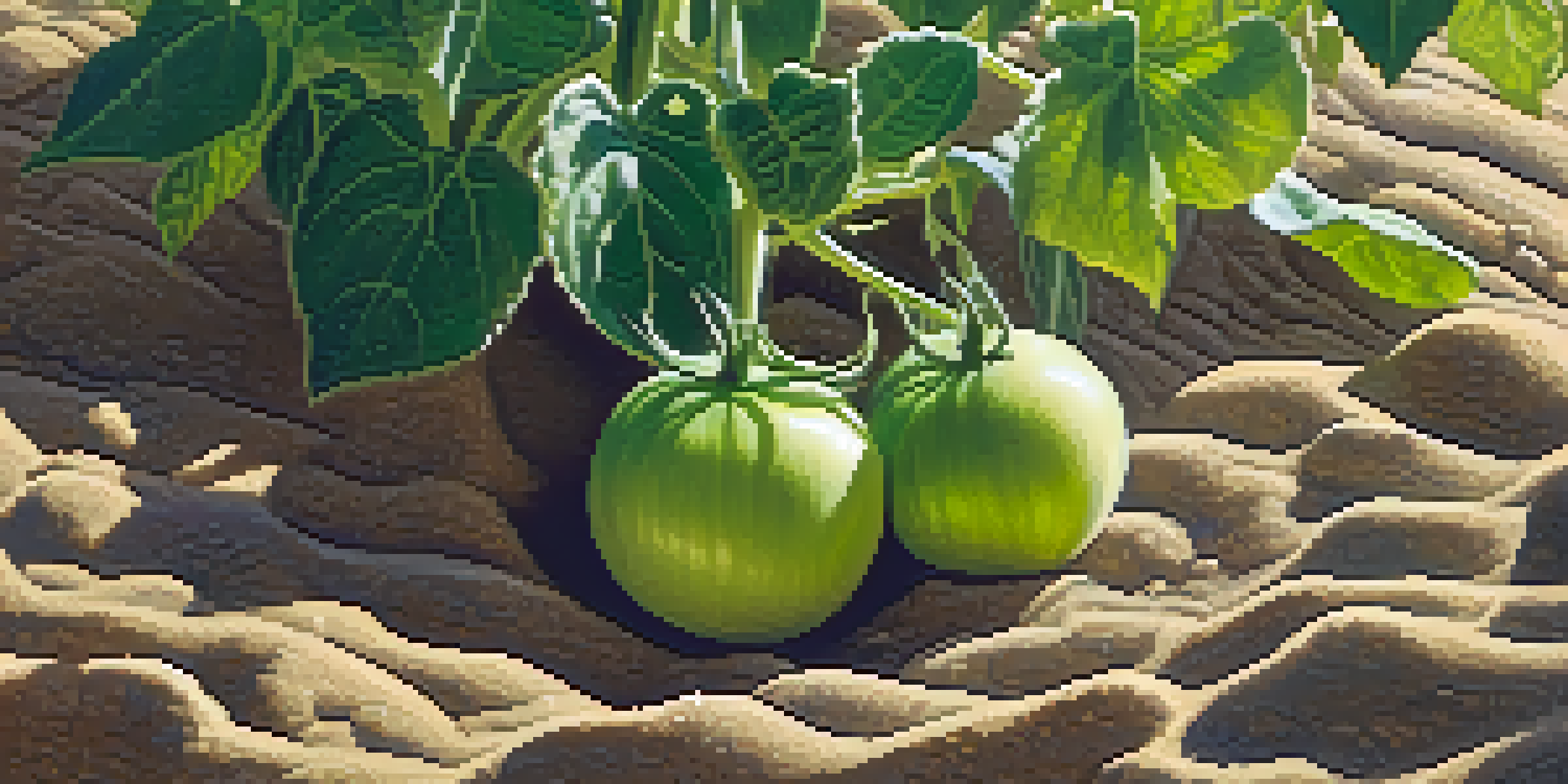 Close-up of sandy soil with sunlight filtering through leaves and green tomato plants growing.