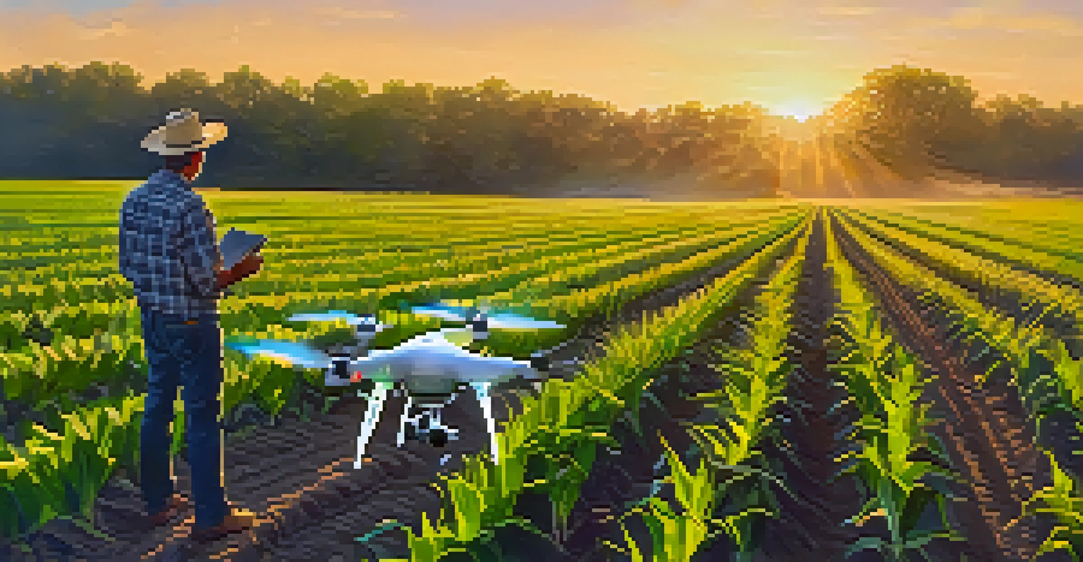 A farmer stands on a dirt path as a drone hovers above a green corn field, capturing the scene in golden hour light.