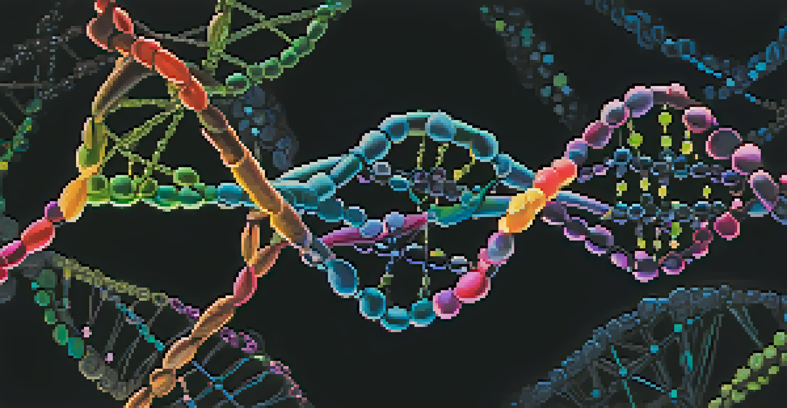A colorful representation of intertwined DNA strands against a dark background, illuminated with a soft glow.